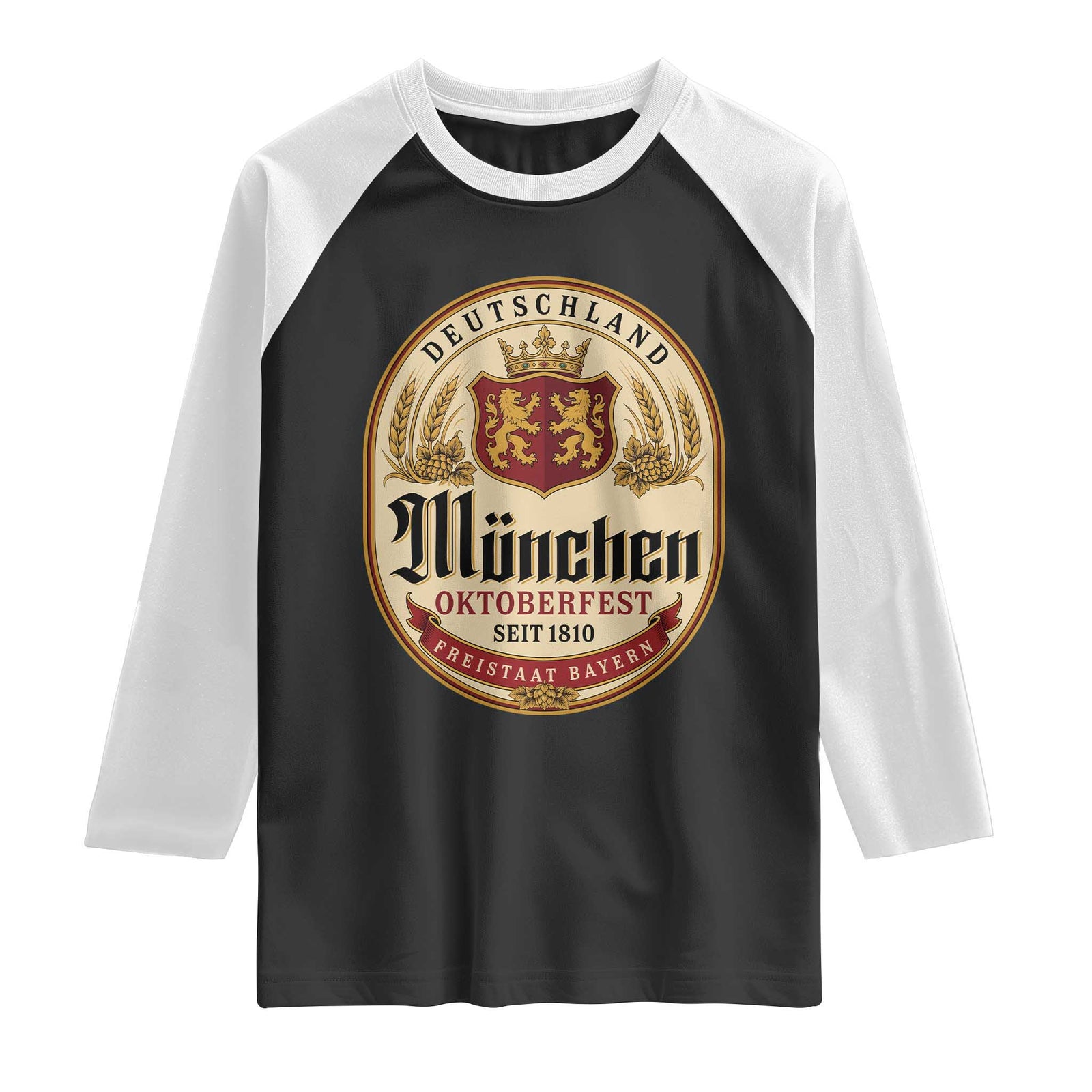 Oktoberfest Munchen Seit 1810 Raglan Shirt Deutschland German Beer Label Bavarian Lion Shield