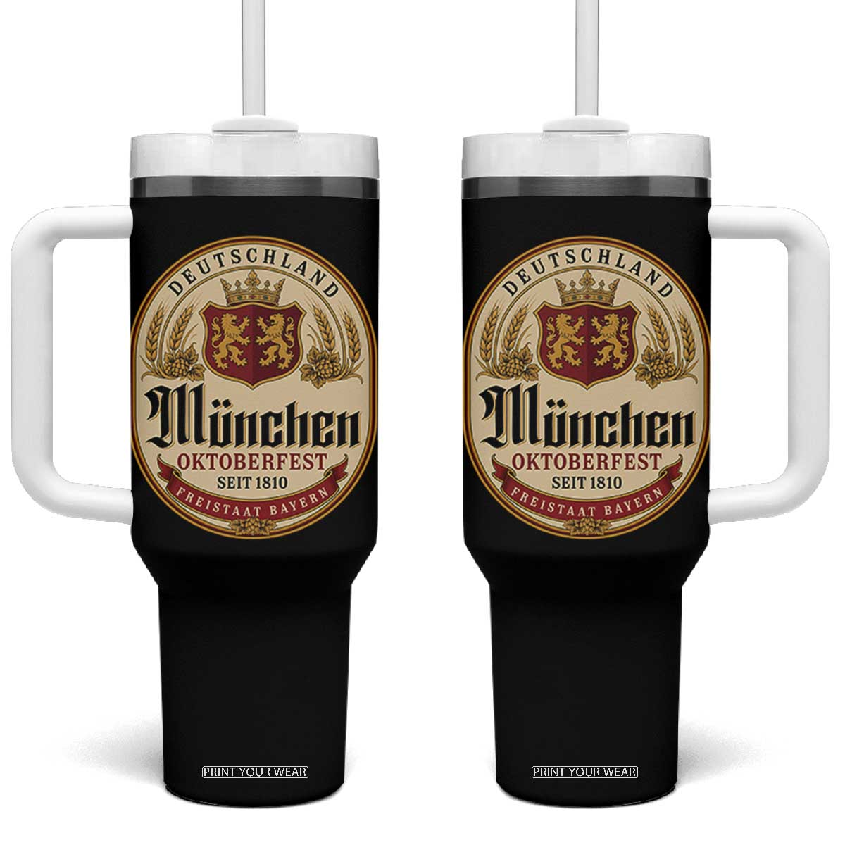 Oktoberfest Munchen Seit 1810 Tumbler With Handle Deutschland German Beer Label Bavarian Lion Shield