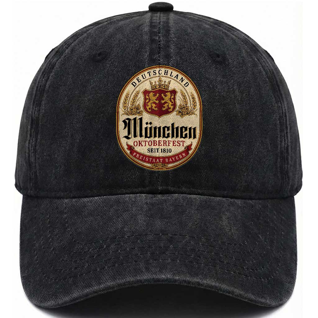 Oktoberfest Munchen Seit 1810 Washed Cotton Baseball Cap Deutschland German Beer Label Bavarian Lion Shield