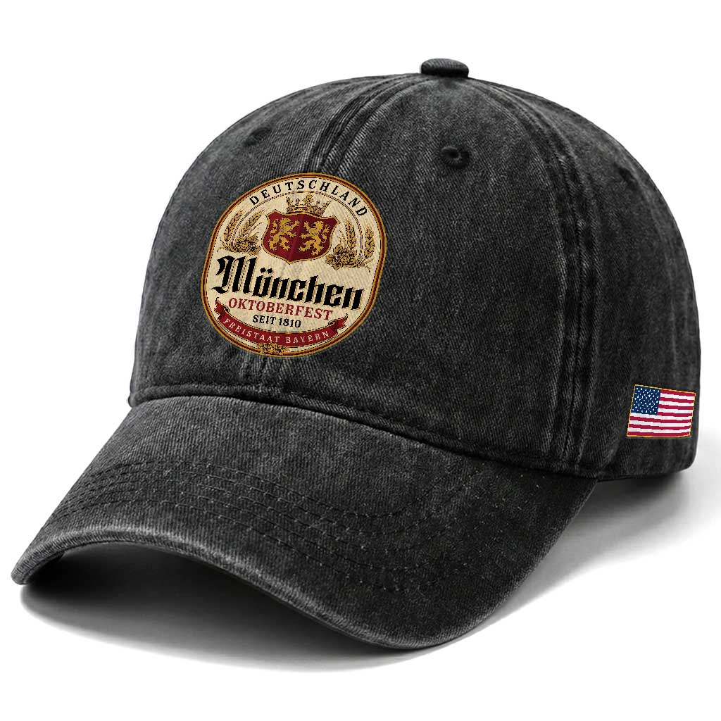 Oktoberfest Munchen Seit 1810 Washed Cotton Baseball Cap Deutschland German Beer Label Bavarian Lion Shield