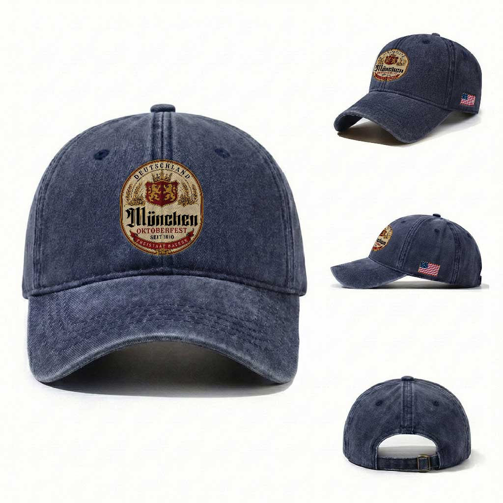 Oktoberfest Munchen Seit 1810 Washed Cotton Baseball Cap Deutschland German Beer Label Bavarian Lion Shield