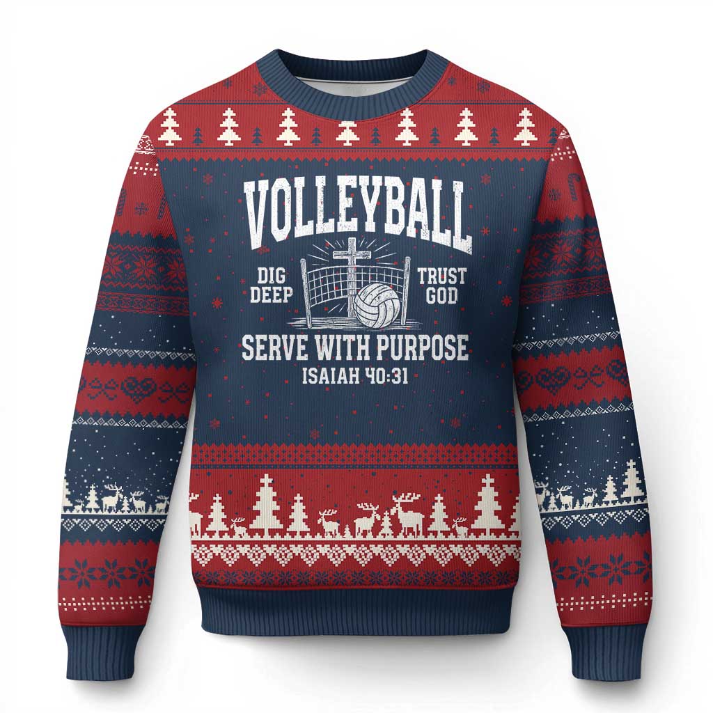 Christian Volleyball Dig Deep Trust God Serve With Purpose Ugly Christmas Sweater Isaiah 40:31 Bible Verse Faith Sport TS11 Navy Red Print Your Wear
