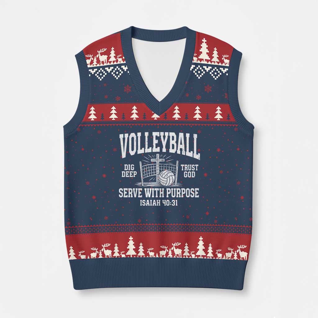 Christian Volleyball Dig Deep Trust God Serve With Purpose V-Neck Knit Sweater Vest Isaiah 40:31 Bible Verse Faith Sport TS11 Navy Red Print Your Wear