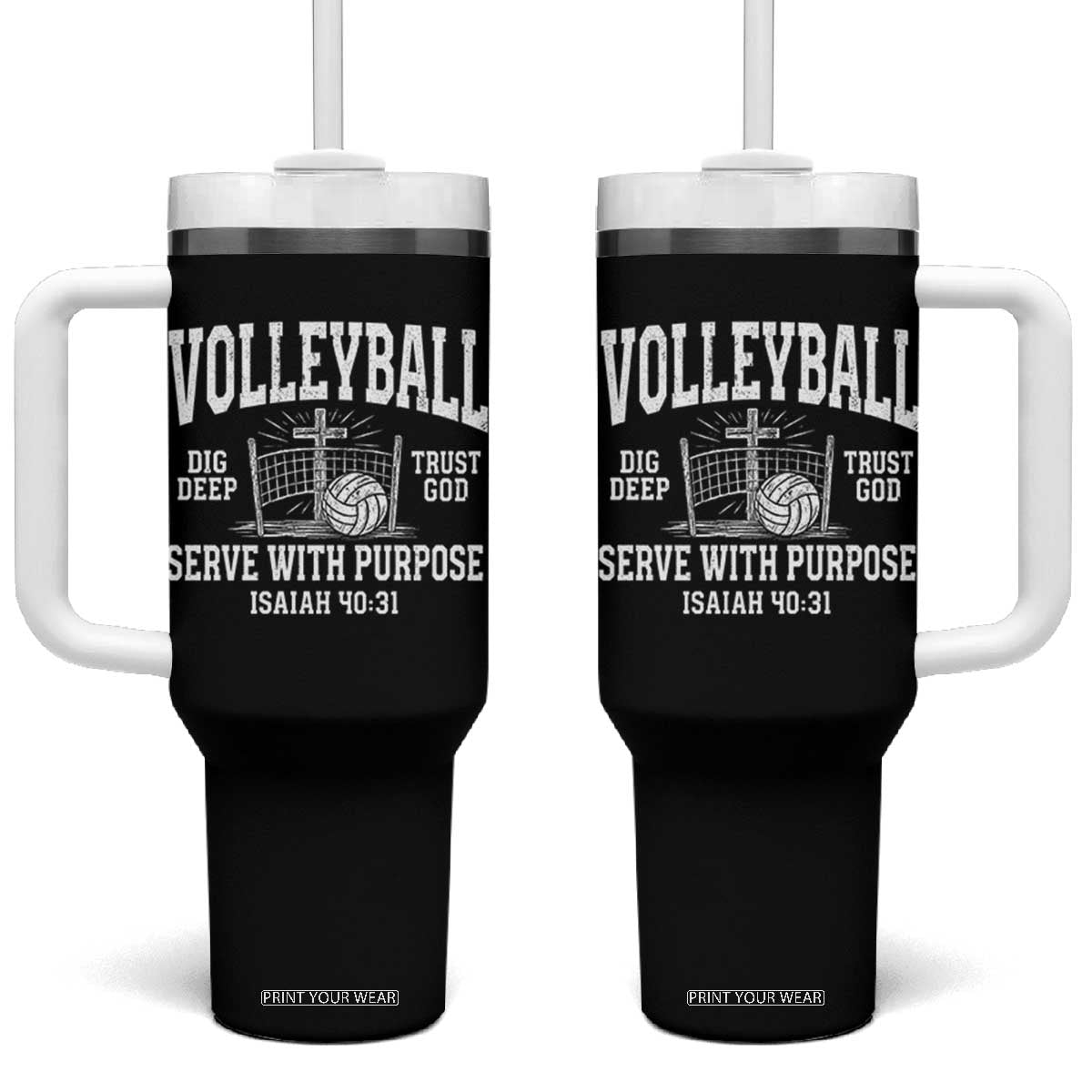 Christian Volleyball Dig Deep Trust God Serve With Purpose Tumbler With Handle Isaiah 40:31 Bible Verse Faith Sport TS11 One Size: 40 oz Black Print Your Wear