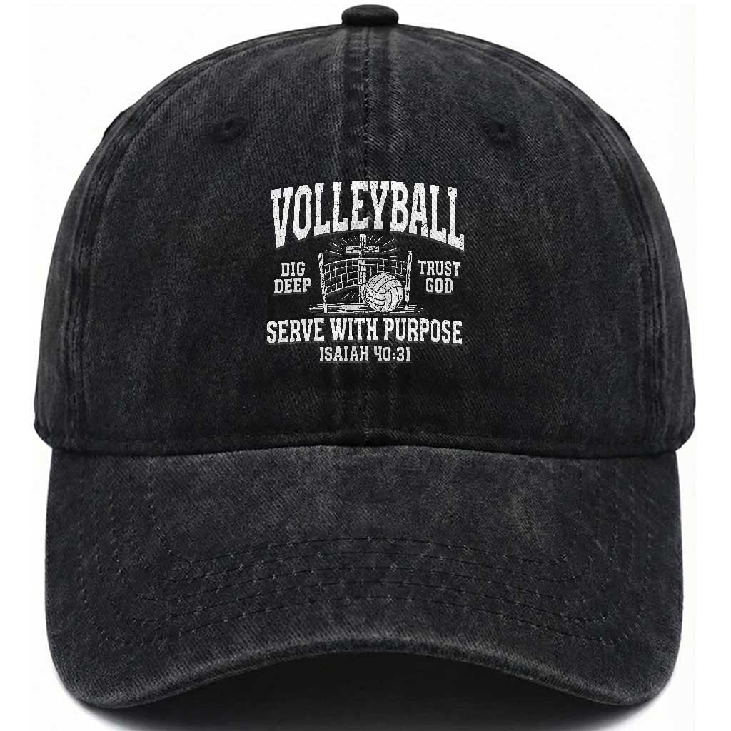 Christian Volleyball Dig Deep Trust God Serve With Purpose Washed Cotton Baseball Cap Isaiah 40:31 Bible Verse Faith Sport TS11 Print Your Wear