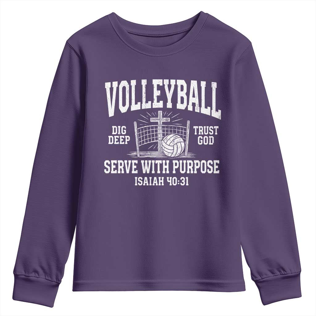 Christian Volleyball Dig Deep Trust God Serve With Purpose Youth Sweatshirt Isaiah 40:31 Bible Verse Faith Sport TS11 Purple Print Your Wear