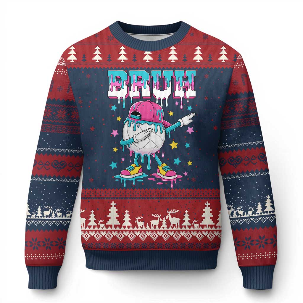 Volleyball Drip Bruh Meme Ugly Christmas Sweater Volleyball Baseball Ice Cream Dripping TS11 Navy Red Print Your Wear