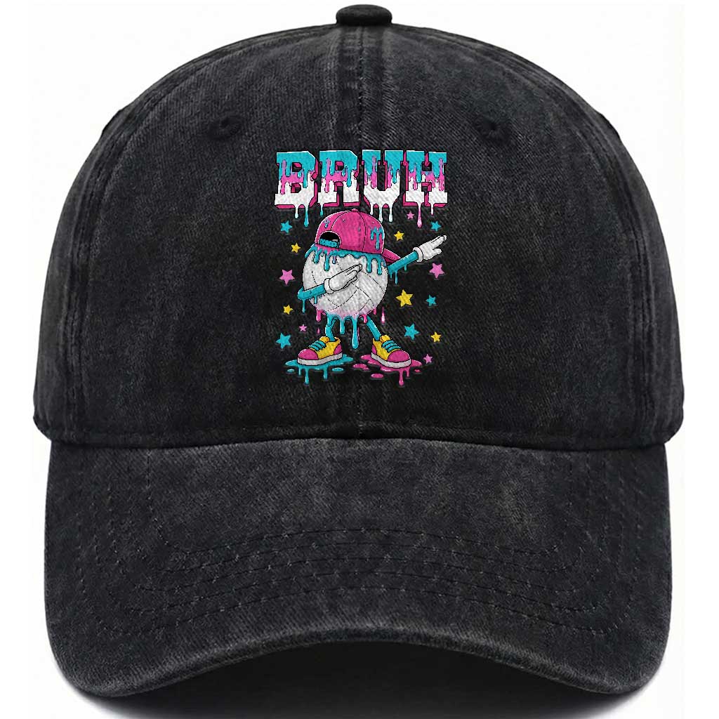 Volleyball Drip Bruh Meme Washed Cotton Baseball Cap Volleyball Baseball Ice Cream Dripping TS11 Print Your Wear