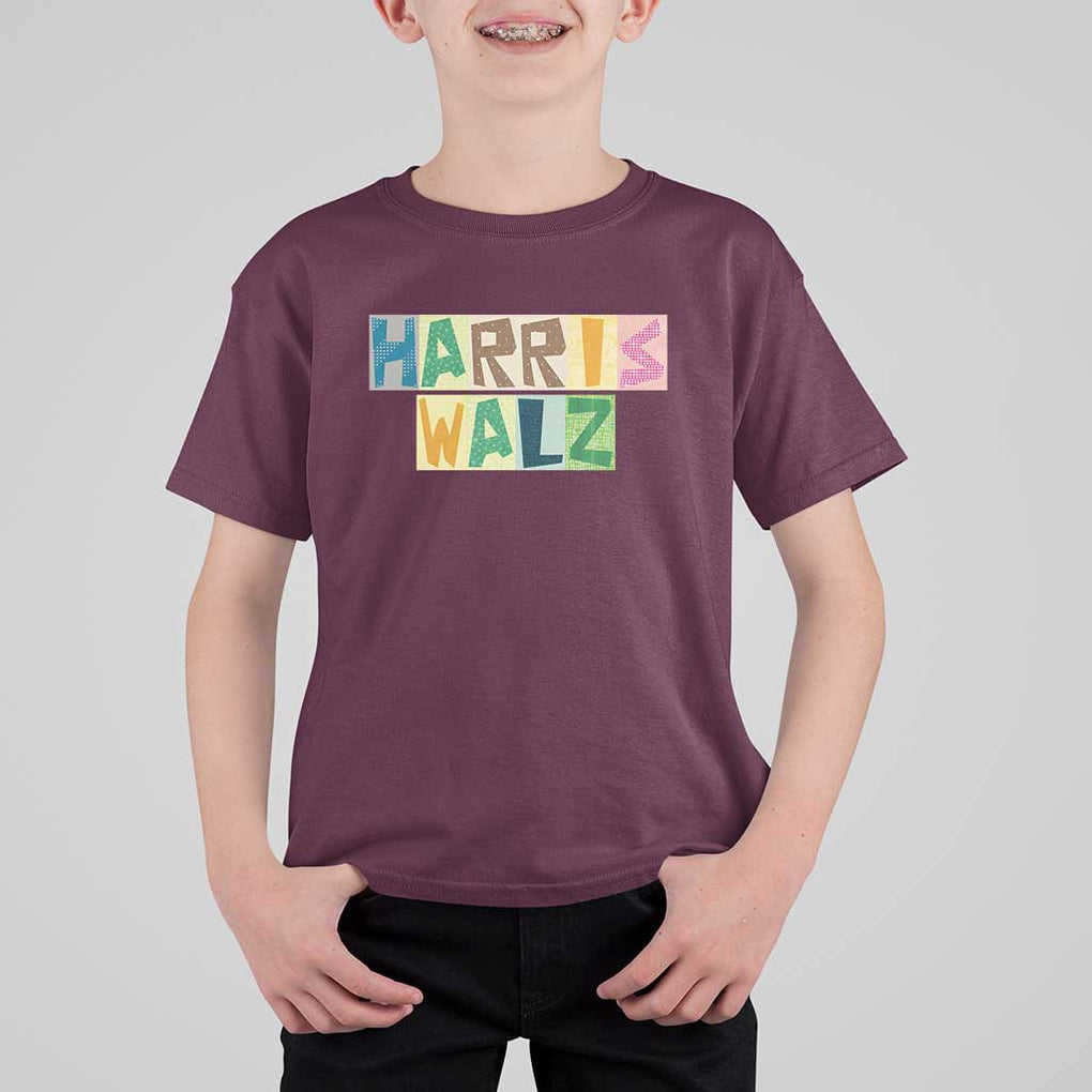 Harris Walz Supporter T Shirt For Kid Colorful Quilted Paper Pattern US Presidential Election TS11 Maroon Print Your Wear