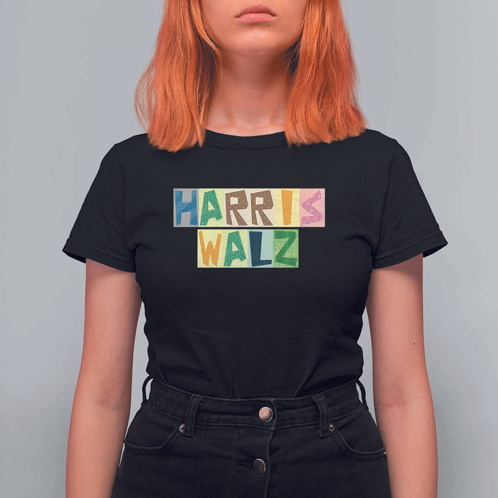 Harris Walz Supporter T Shirt For Women Colorful Quilted Paper Pattern US Presidential Election TS11 Black Print Your Wear