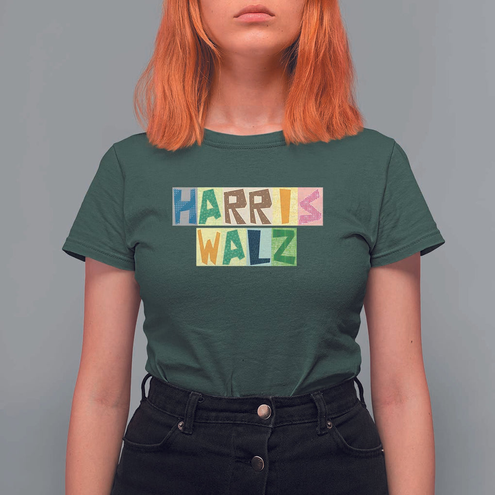 Harris Walz Supporter T Shirt For Women Colorful Quilted Paper Pattern US Presidential Election TS11 Dark Forest Green Print Your Wear