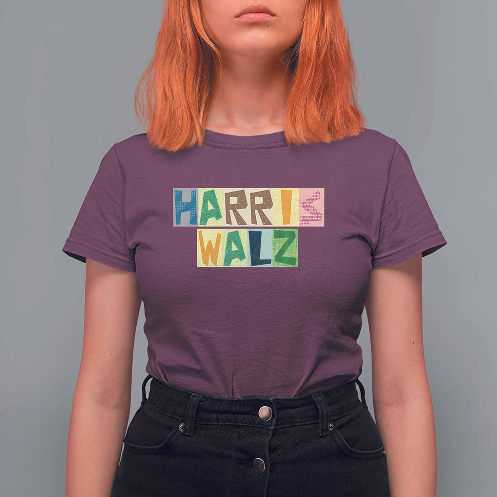 Harris Walz Supporter T Shirt For Women Colorful Quilted Paper Pattern US Presidential Election TS11 Maroon Print Your Wear