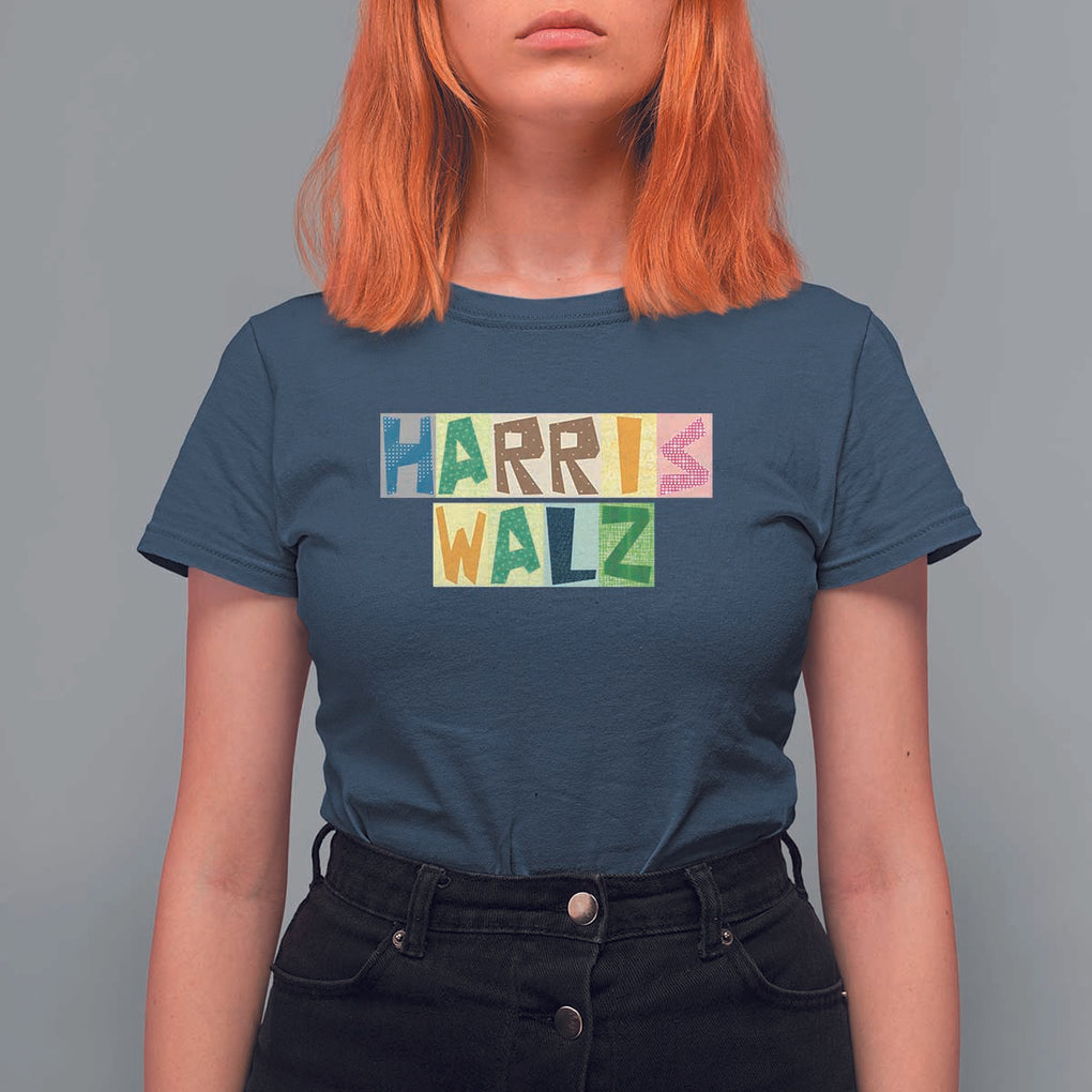 Harris Walz Supporter T Shirt For Women Colorful Quilted Paper Pattern US Presidential Election TS11 Navy Print Your Wear