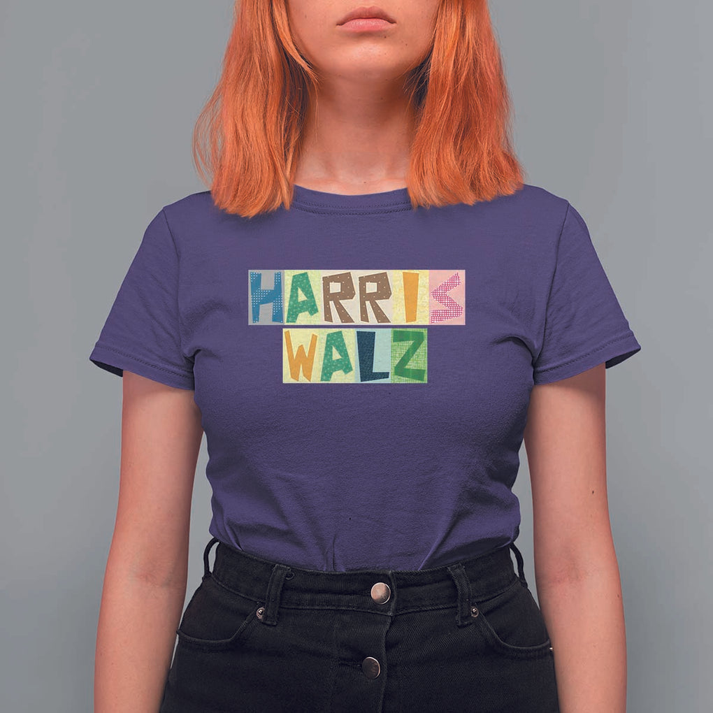 Harris Walz Supporter T Shirt For Women Colorful Quilted Paper Pattern US Presidential Election TS11 Purple Print Your Wear