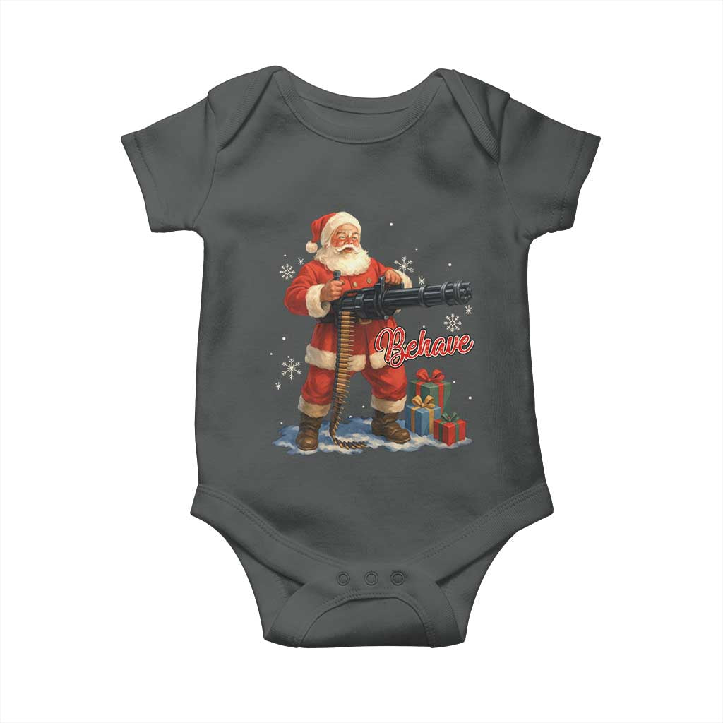 Christmas Santa Machine Gun Baby Onesie Behave Xmas Gun Lover TS11 Dark Heather Print Your Wear