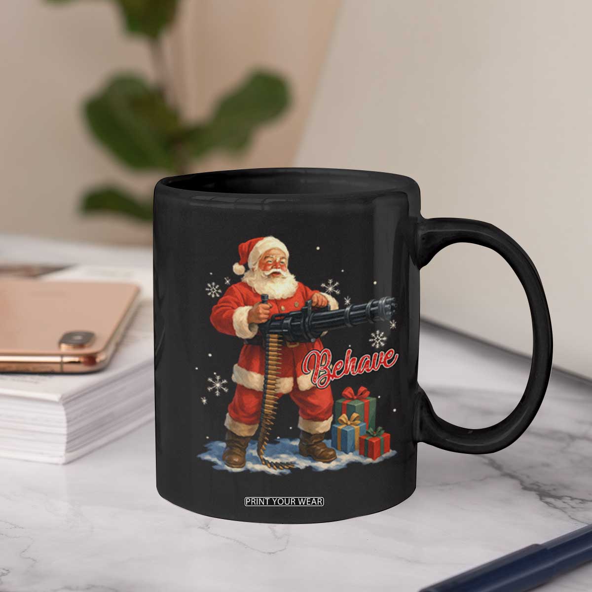 Christmas Santa Machine Gun Coffee Mug Behave Xmas Gun Lover TS11 Print Your Wear
