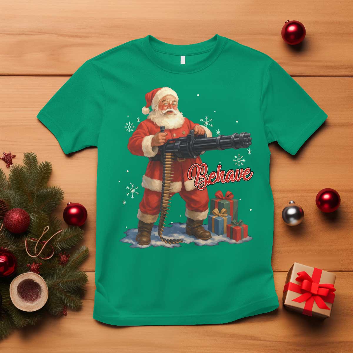 Christmas Santa Machine Gun T Shirt Behave Xmas Gun Lover TS11 Irish Green Print Your Wear