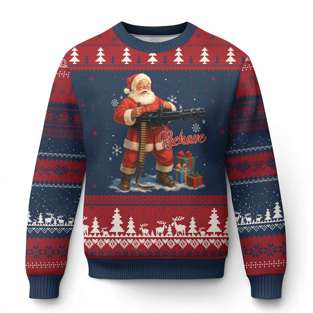 Christmas Santa Machine Gun Ugly Christmas Sweater Behave Xmas Gun Lover TS11 Navy Red Print Your Wear