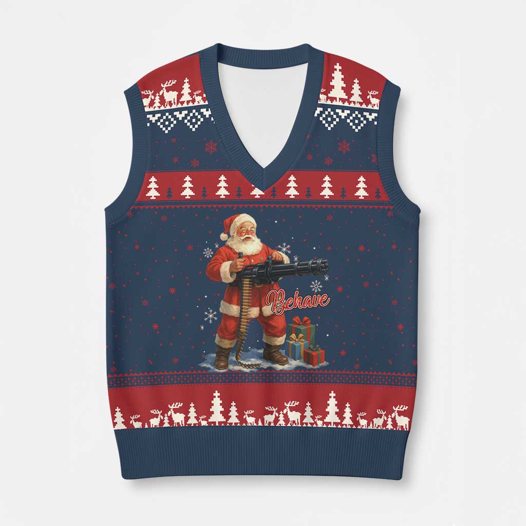Christmas Santa Machine Gun V-Neck Knit Sweater Vest Behave Xmas Gun Lover TS11 Navy Red Print Your Wear