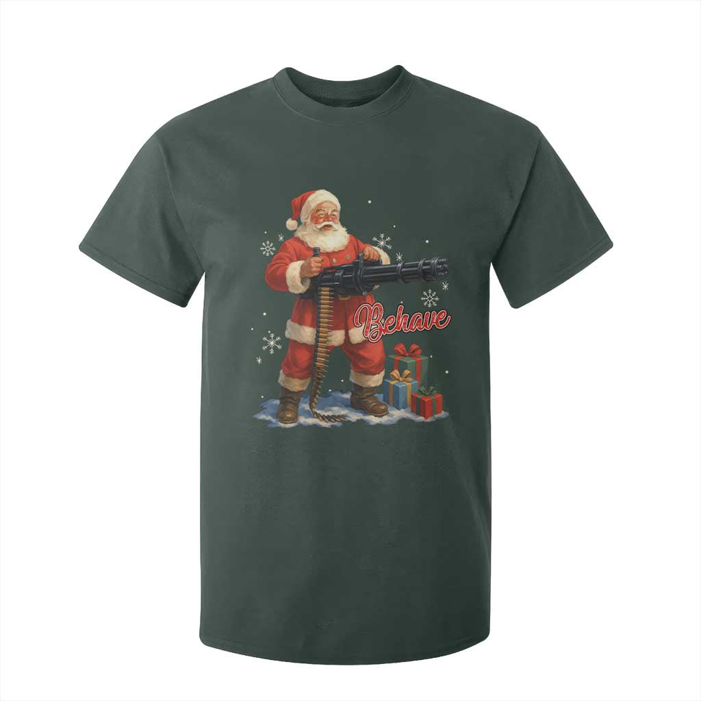 Christmas Santa Machine Gun T Shirt For Kid Behave Xmas Gun Lover TS11 Dark Forest Green Print Your Wear