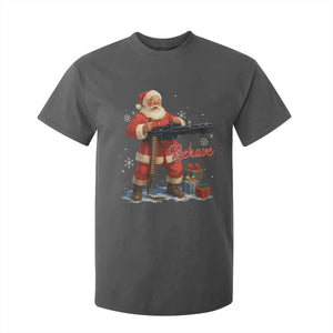 Christmas Santa Machine Gun T Shirt For Kid Behave Xmas Gun Lover TS11 Dark Heather Print Your Wear