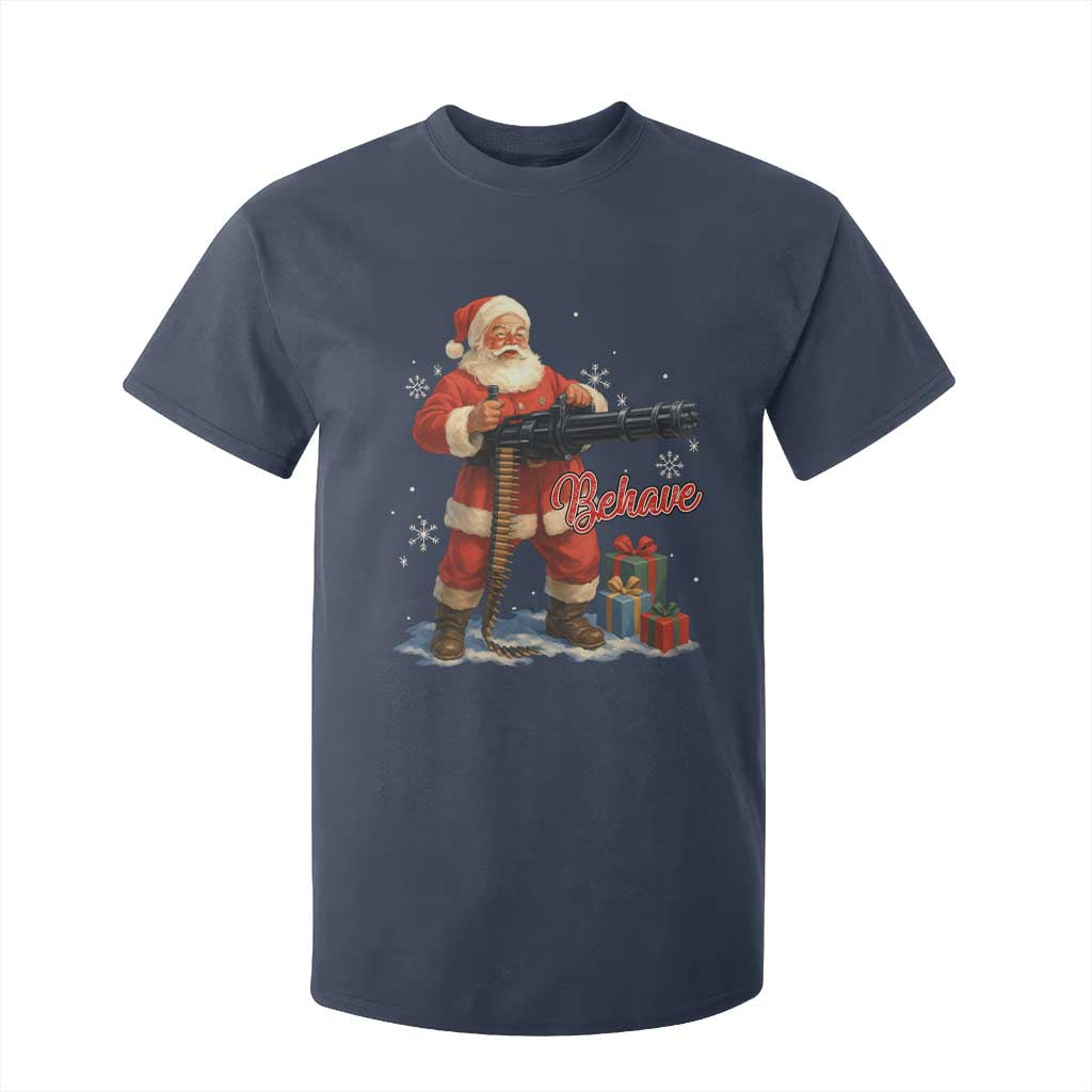 Christmas Santa Machine Gun T Shirt For Kid Behave Xmas Gun Lover TS11 Navy Print Your Wear