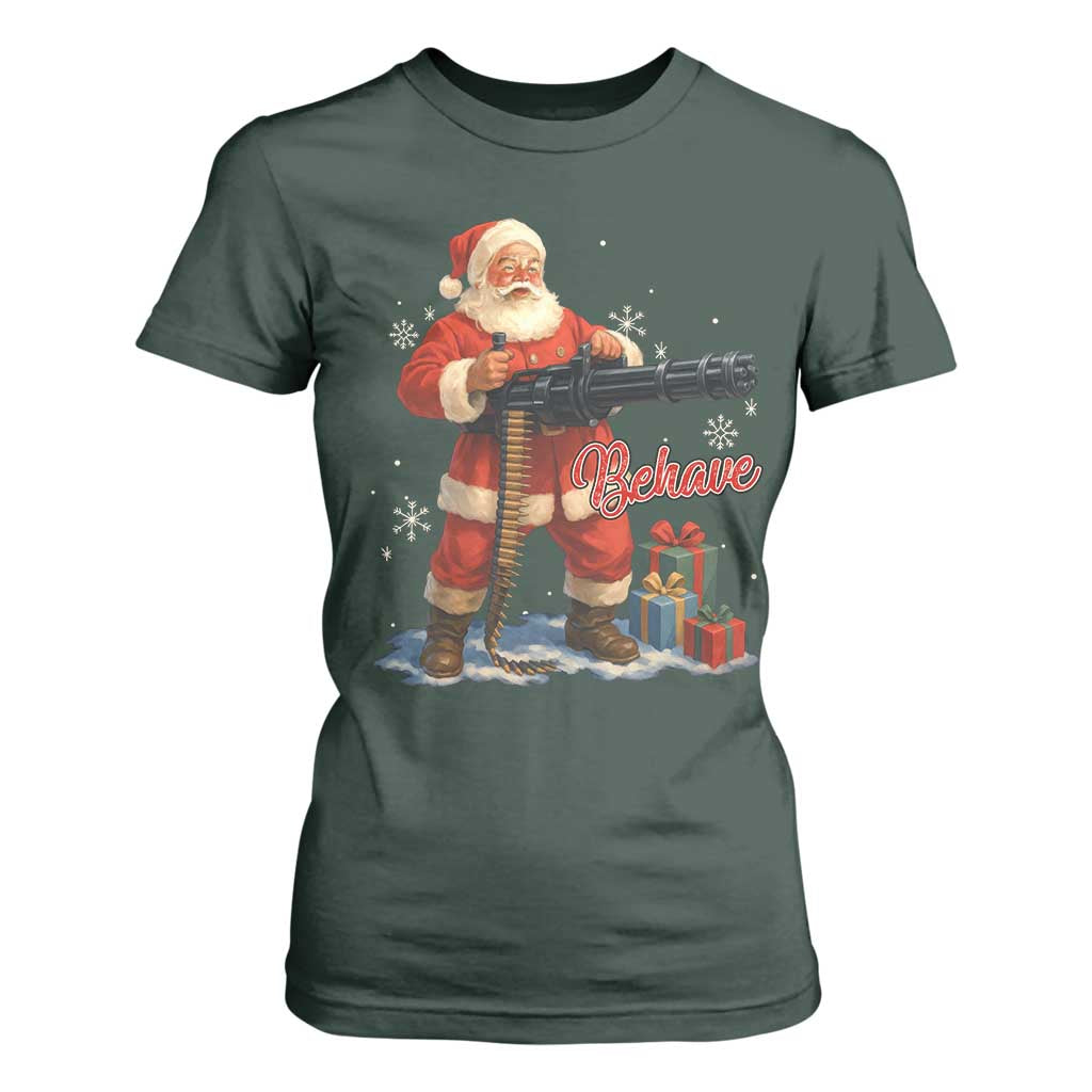 Christmas Santa Machine Gun T Shirt For Women Behave Xmas Gun Lover TS11 Dark Forest Green Print Your Wear