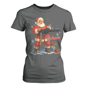 Christmas Santa Machine Gun T Shirt For Women Behave Xmas Gun Lover TS11 Dark Heather Print Your Wear