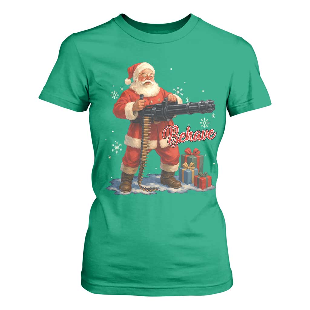 Christmas Santa Machine Gun T Shirt For Women Behave Xmas Gun Lover TS11 Irish Green Print Your Wear