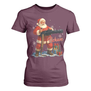 Christmas Santa Machine Gun T Shirt For Women Behave Xmas Gun Lover TS11 Maroon Print Your Wear