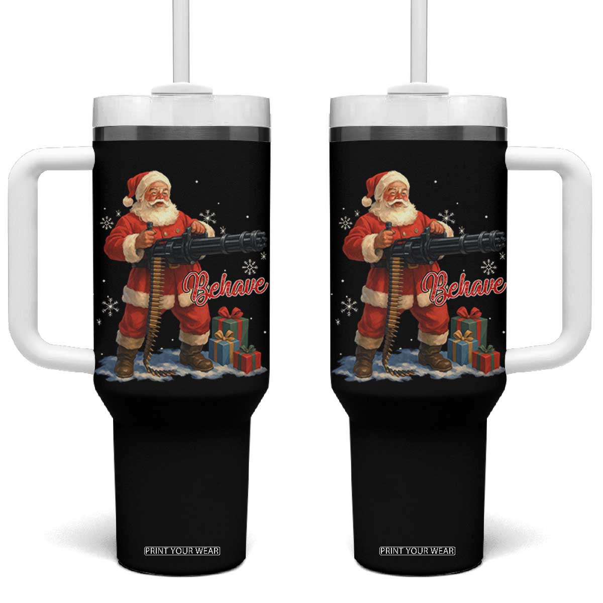 Christmas Santa Machine Gun Tumbler With Handle Behave Xmas Gun Lover TS11 One Size: 40 oz Black Print Your Wear