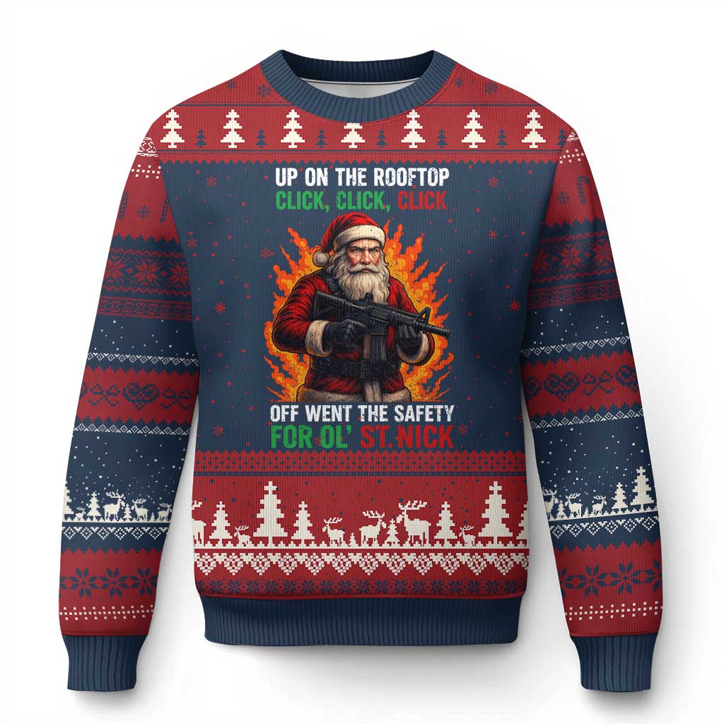 Funny Gun Xmas Ugly Christmas Sweater Up On The Rooftop Click Click Off Went The Safety For Ol St Nick TS11 Navy Red Print Your Wear