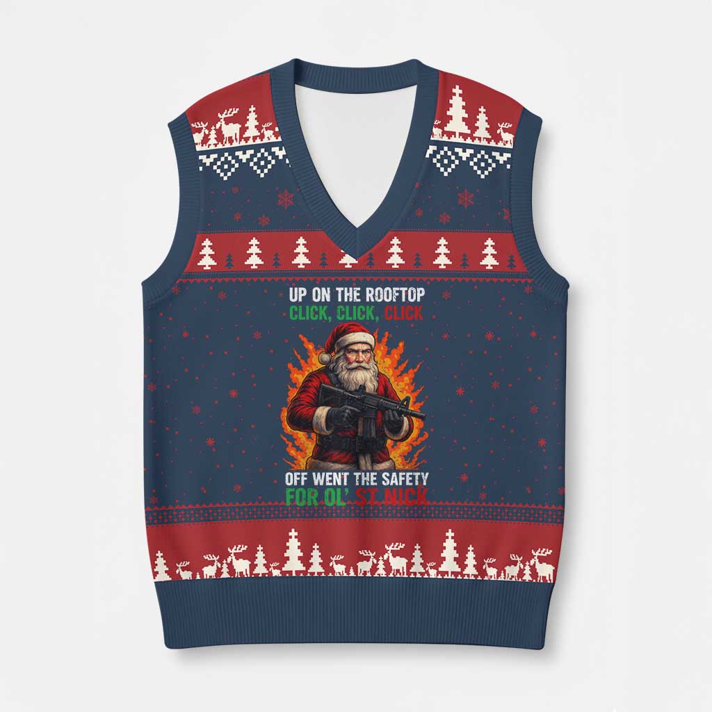 Funny Gun Xmas V-Neck Knit Sweater Vest Up On The Rooftop Click Click Off Went The Safety For Ol St Nick TS11 Navy Red Print Your Wear