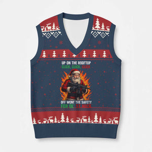 Funny Gun Xmas V-Neck Knit Sweater Vest Up On The Rooftop Click Click Off Went The Safety For Ol St Nick TS11 Navy Red Print Your Wear
