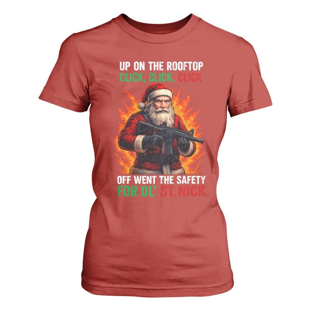 Funny Gun Christmas T Shirt For Women Up On The Rooftop Click Click Off Went The Safety For Ol St Nick TS11 Red Print Your Wear