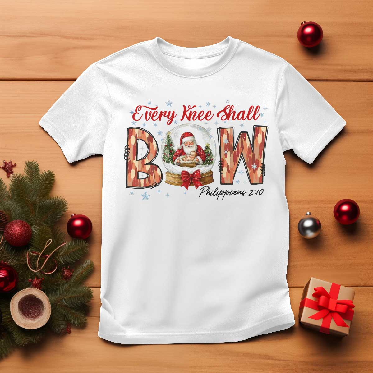 Every Knee Shall Bow T Shirt Santa Christmas Nativity Scene Bible Verse TS11 White Print Your Wear