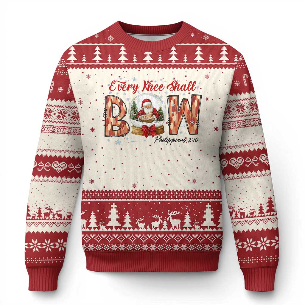 Every Knee Shall Bow Ugly Christmas Sweater Santa Xmas Nativity Scene Bible Verse TS11 Beige Red Print Your Wear