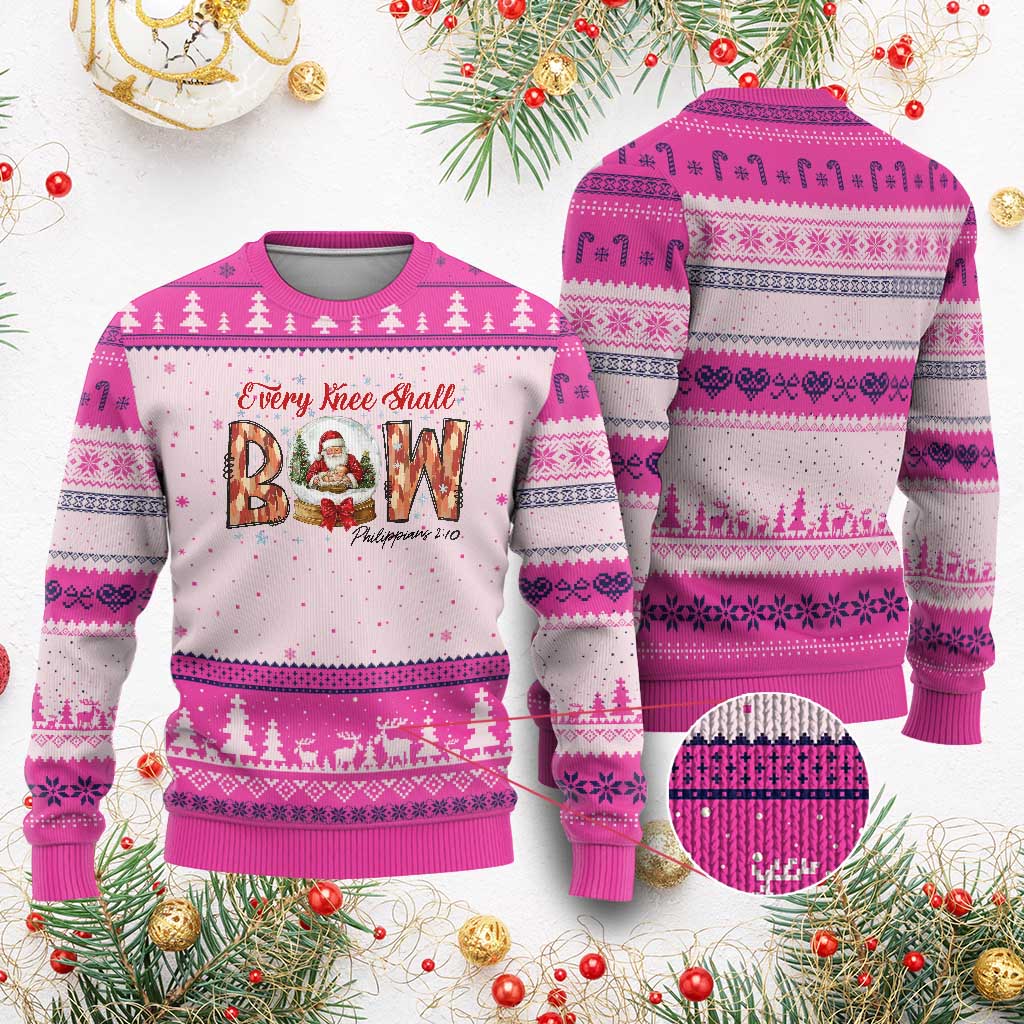 Every Knee Shall Bow Ugly Christmas Sweater Santa Xmas Nativity Scene Bible Verse TS11 Hot Pink Print Your Wear