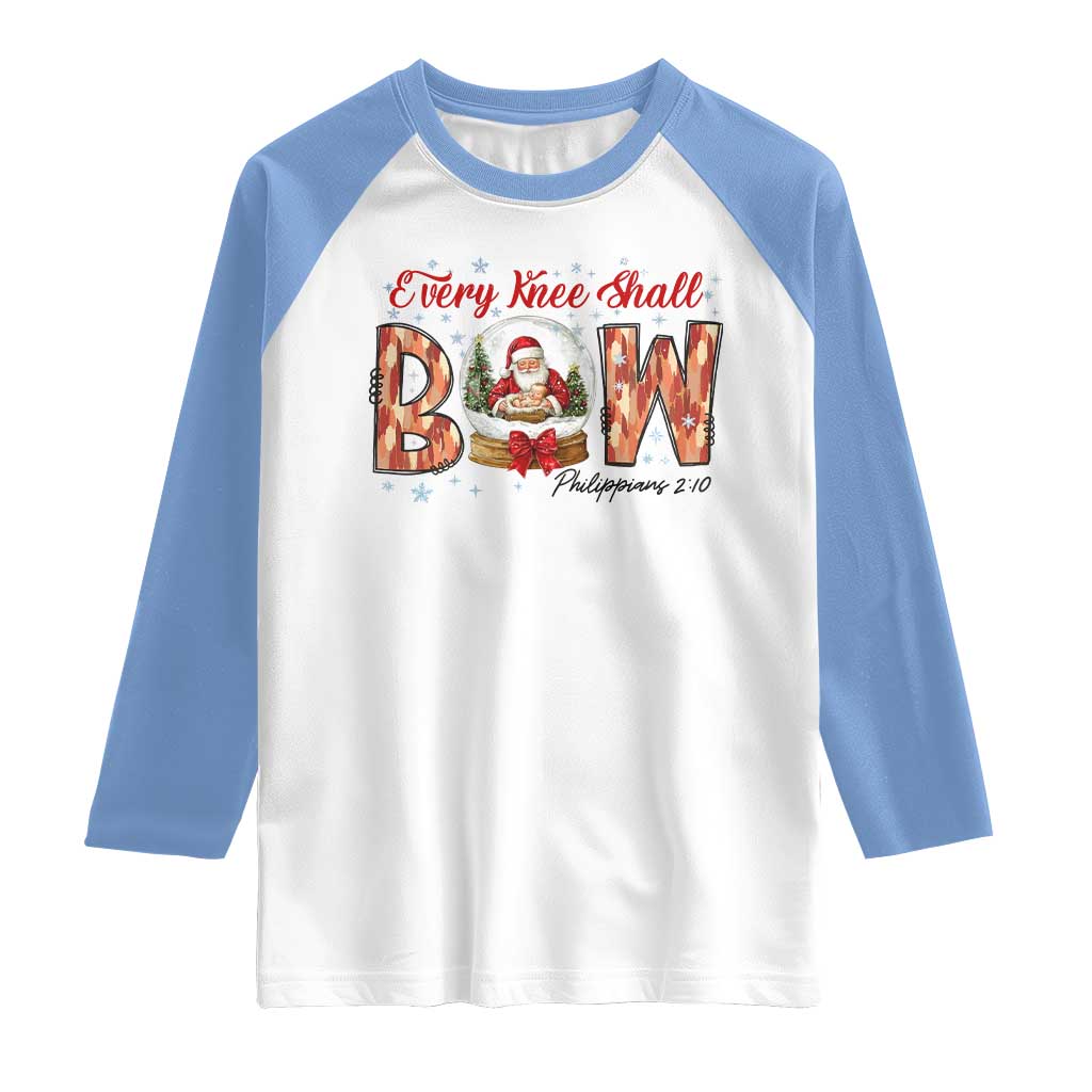 Every Knee Shall Bow Raglan Shirt Santa Christmas Nativity Scene Bible Verse TS11 White Carolina Blue Print Your Wear