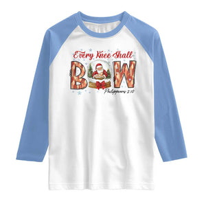 Every Knee Shall Bow Raglan Shirt Santa Christmas Nativity Scene Bible Verse TS11 White Carolina Blue Print Your Wear