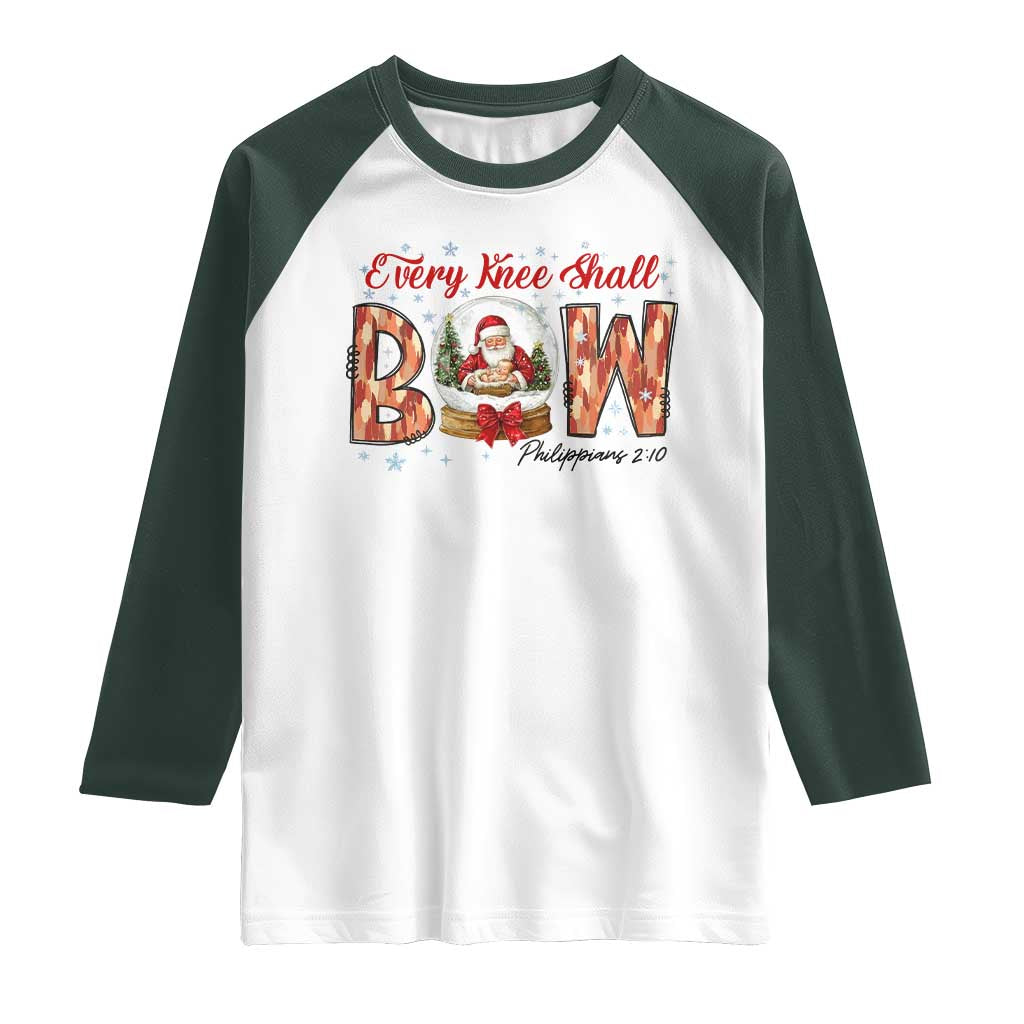 Every Knee Shall Bow Raglan Shirt Santa Christmas Nativity Scene Bible Verse TS11 White Dark Forest Green Print Your Wear