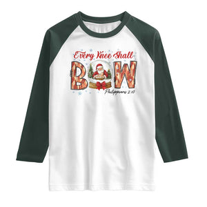Every Knee Shall Bow Raglan Shirt Santa Christmas Nativity Scene Bible Verse TS11 White Dark Forest Green Print Your Wear