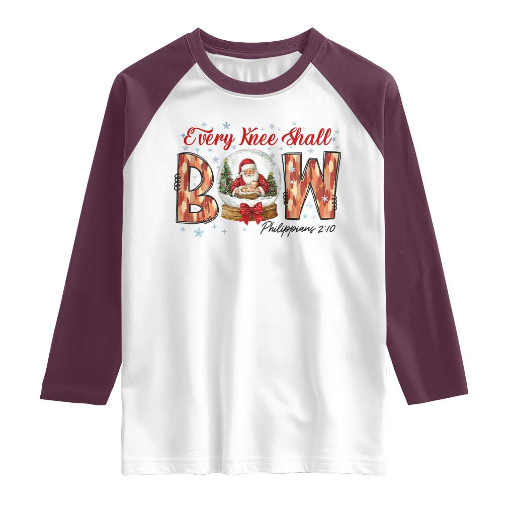 Every Knee Shall Bow Raglan Shirt Santa Christmas Nativity Scene Bible Verse TS11 White Maroon Print Your Wear