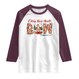 Every Knee Shall Bow Raglan Shirt Santa Christmas Nativity Scene Bible Verse TS11 White Maroon Print Your Wear