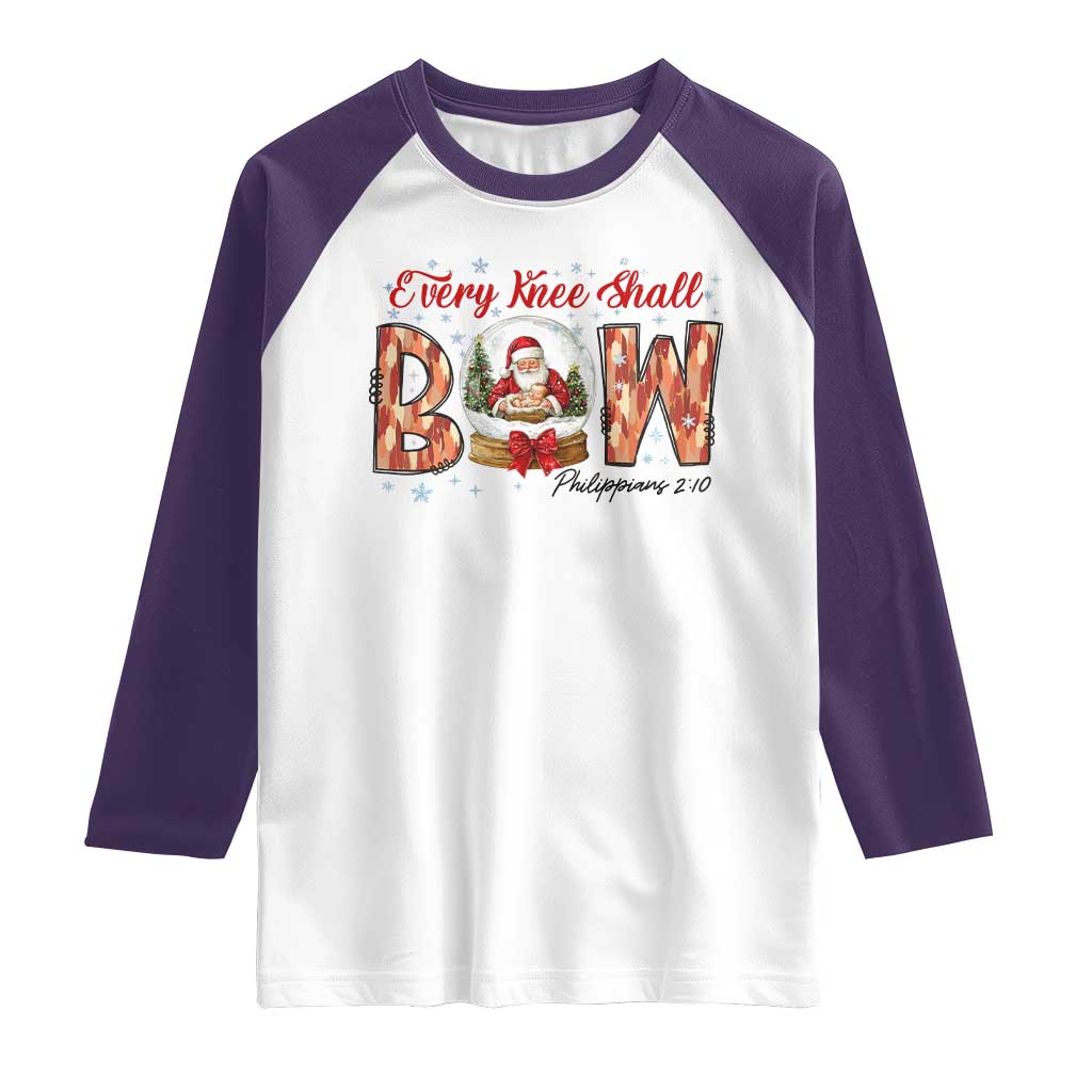 Every Knee Shall Bow Raglan Shirt Santa Christmas Nativity Scene Bible Verse TS11 White Purple Print Your Wear