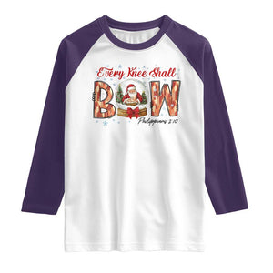 Every Knee Shall Bow Raglan Shirt Santa Christmas Nativity Scene Bible Verse TS11 White Purple Print Your Wear