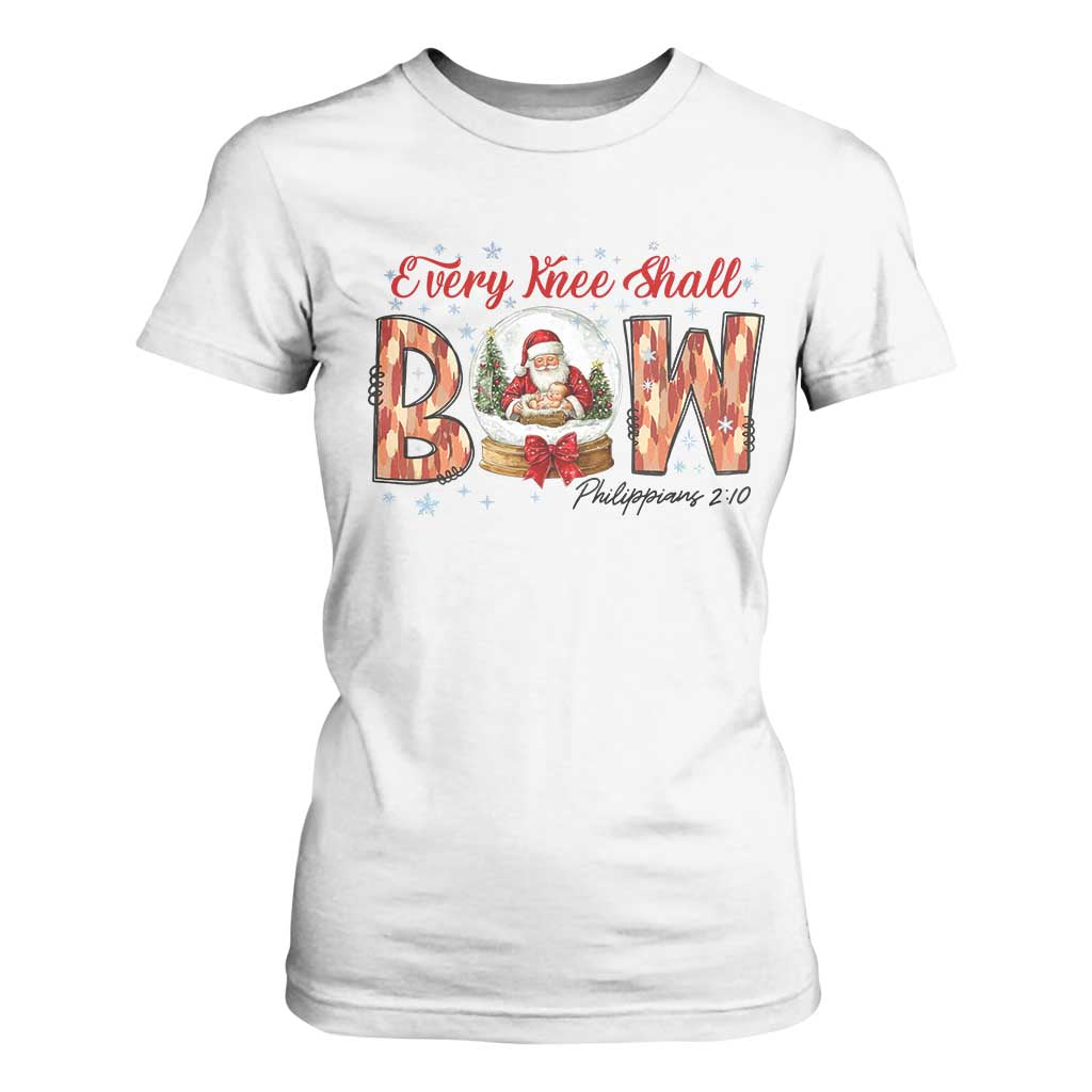 Every Knee Shall Bow T Shirt For Women Santa Christmas Nativity Scene Bible Verse TS11 White Print Your Wear