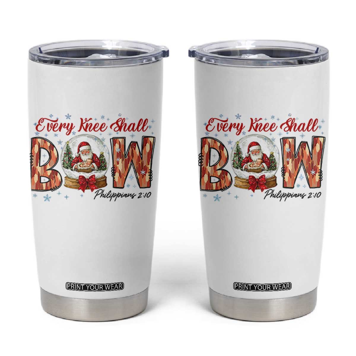 Every Knee Shall Bow Tumbler Cup Santa Christmas Nativity Scene Bible Verse TS11 White Print Your Wear