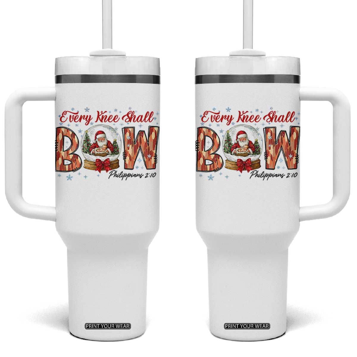 Every Knee Shall Bow Tumbler With Handle Santa Christmas Nativity Scene Bible Verse TS11 One Size: 40 oz White Print Your Wear
