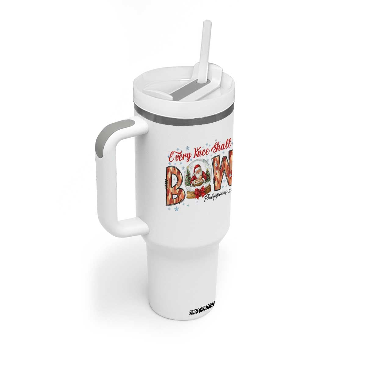 Every Knee Shall Bow Tumbler With Handle Santa Christmas Nativity Scene Bible Verse TS11 Print Your Wear
